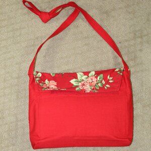 NWOT Handmade Fabric Solid Red and Floral Medium Sized Shoulder Purse